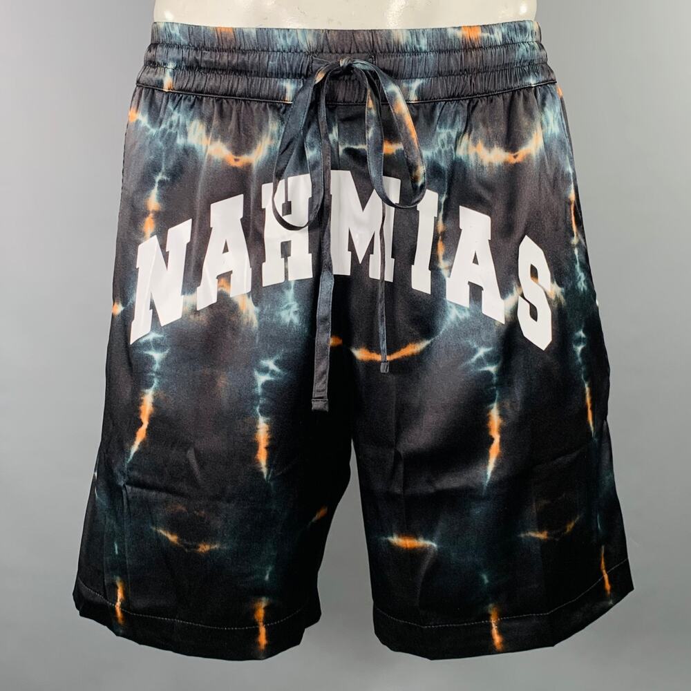 NAHMIAS Size L Black White Logo Silk Blend Joggers Shorts